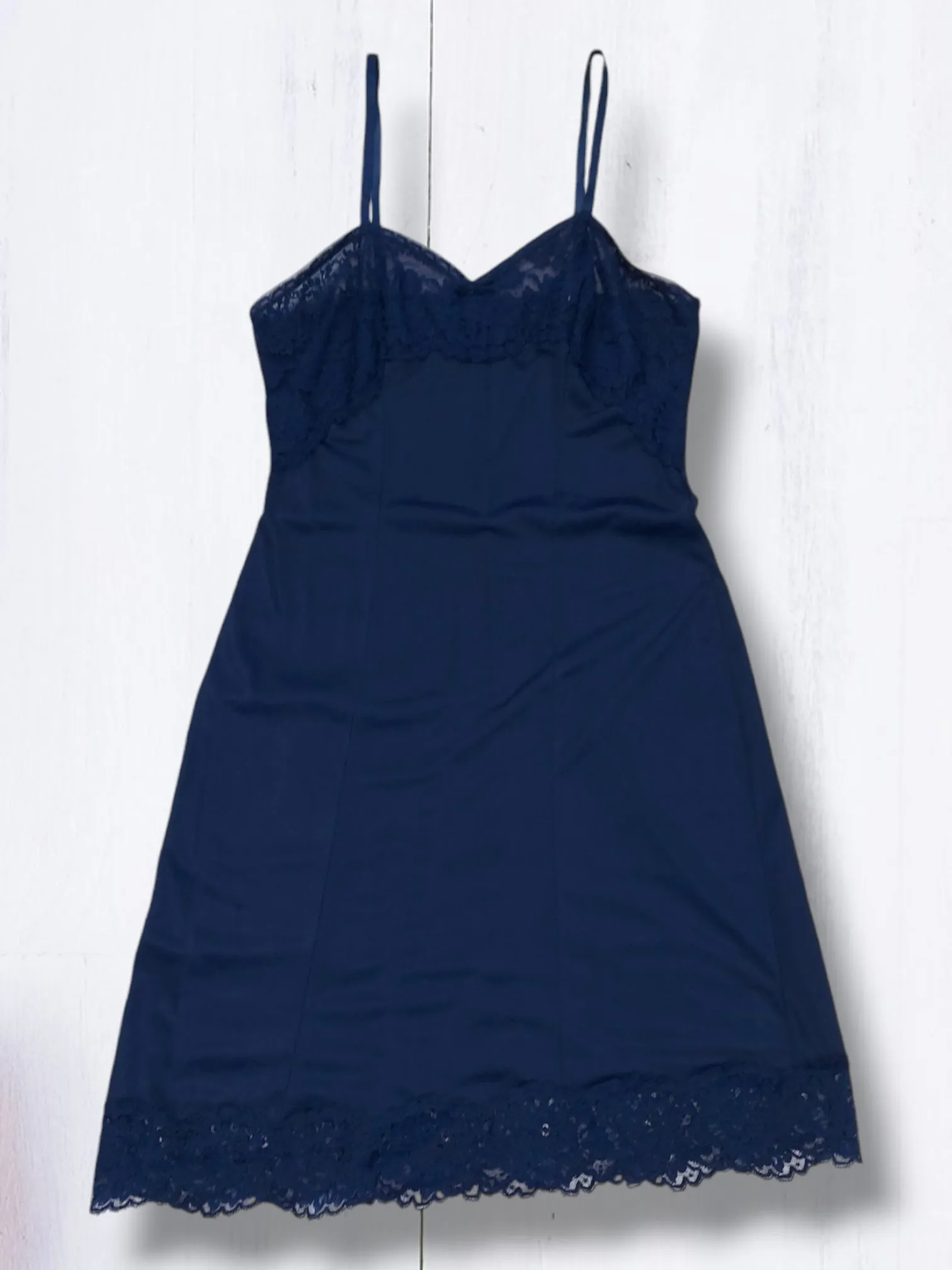 Vintage Navy 1960s St Michaels Satin Slip Lingerie Dress with lace trim UK 10