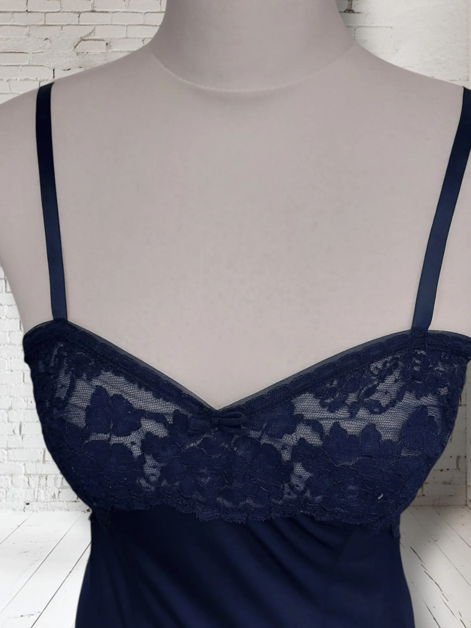 Vintage Navy 1960s St Michaels Satin Slip Lingerie Dress with lace trim UK 10