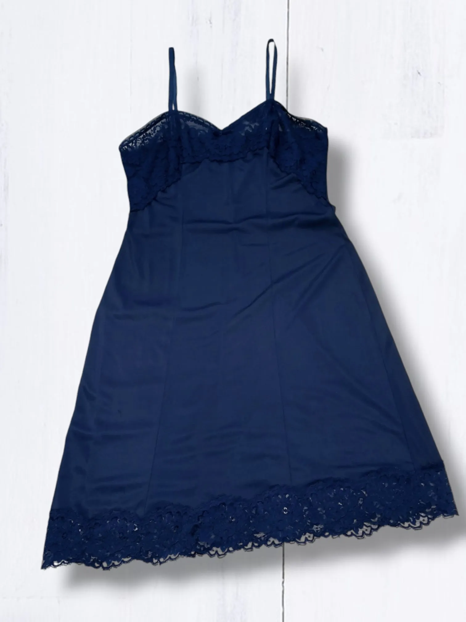 Vintage Navy 1960s St Michaels Satin Slip Lingerie Dress with lace trim UK 10