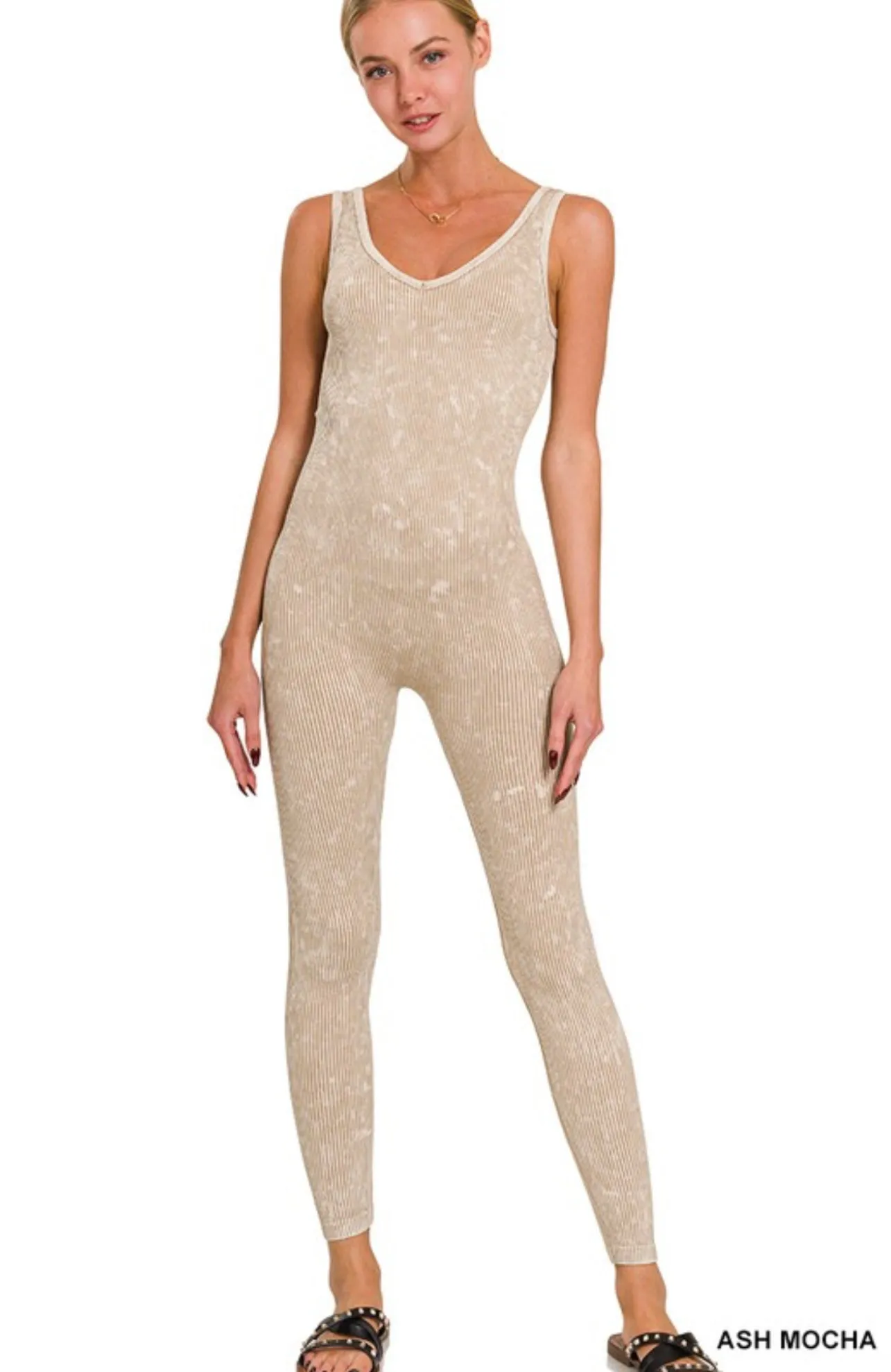 Washed ribbed sports Jumpsuit - ASH MOCHA