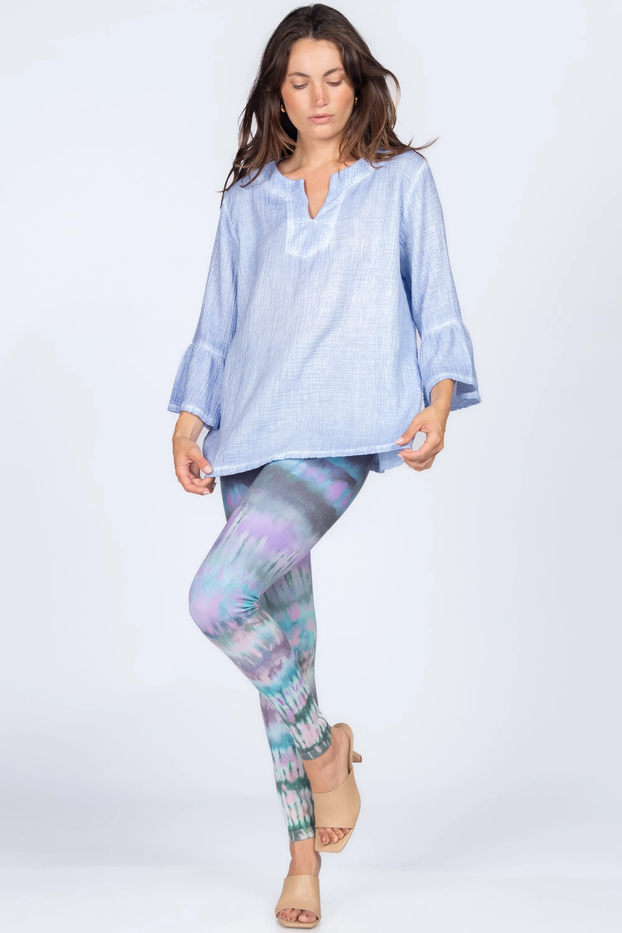 Wide Placket Split Collar Tunic with Flutter Sleeves