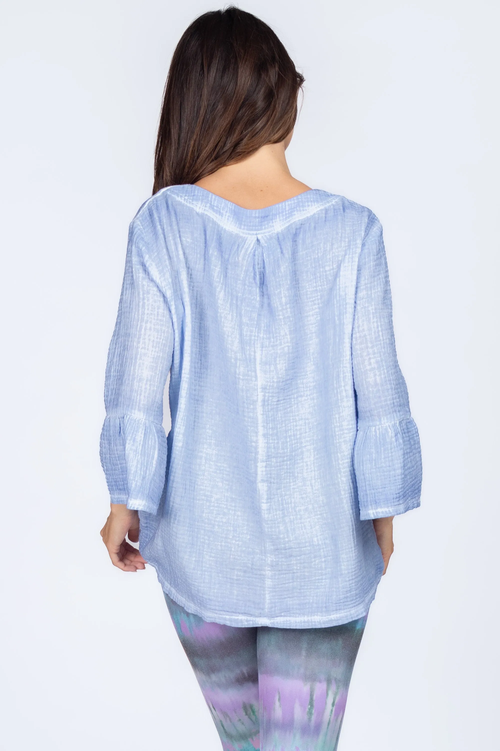 Wide Placket Split Collar Tunic with Flutter Sleeves