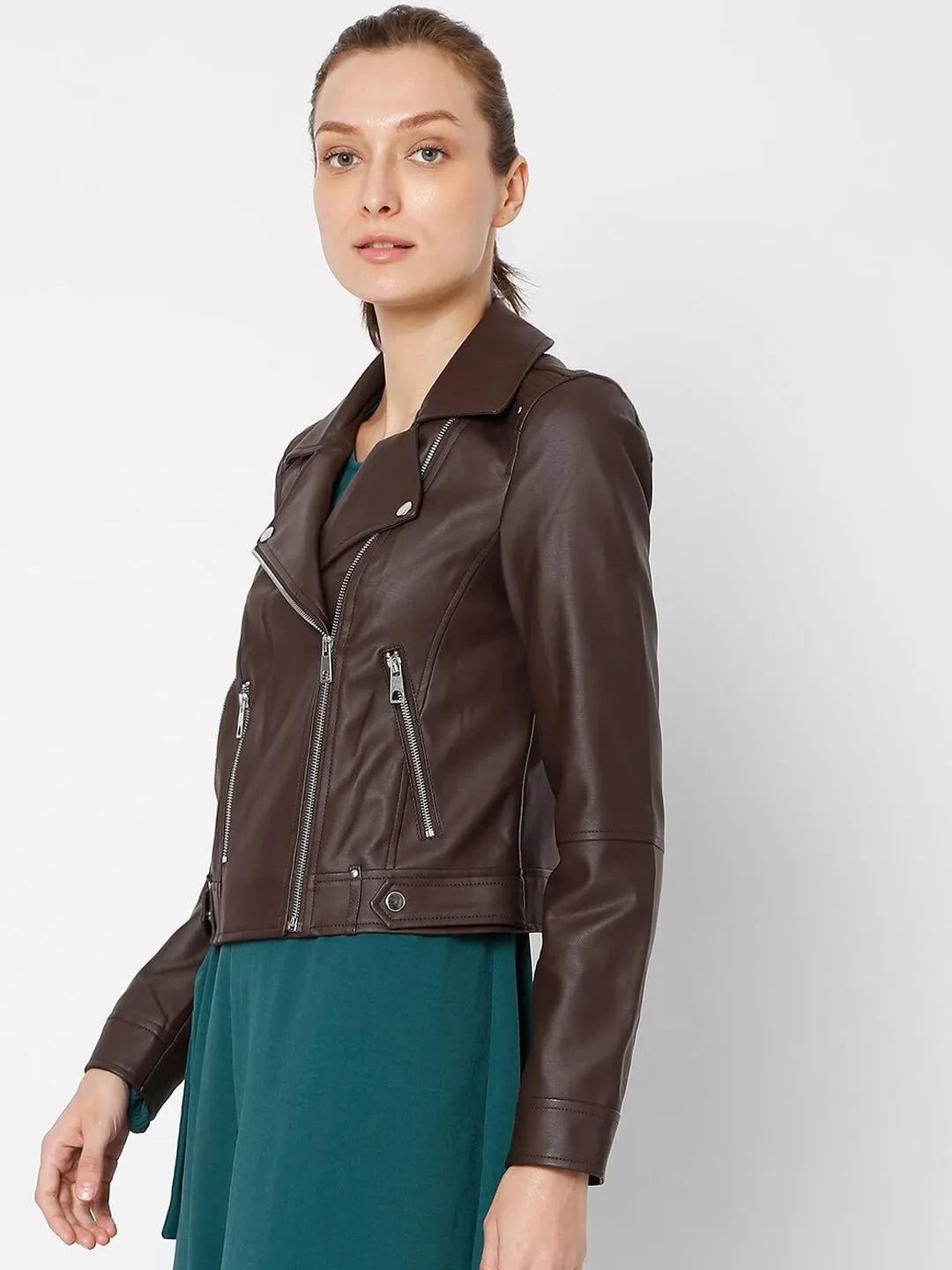 Women Coffee Solid Crop Biker Jacket | QAWACH