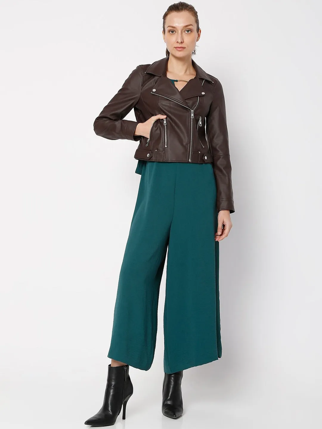 Women Coffee Solid Crop Biker Jacket | QAWACH