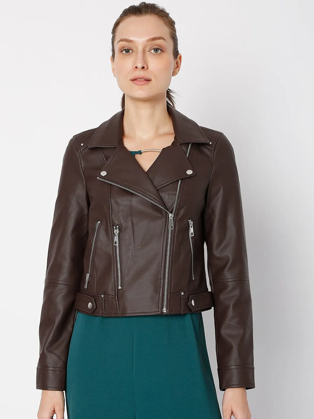 Women Coffee Solid Crop Biker Jacket | QAWACH