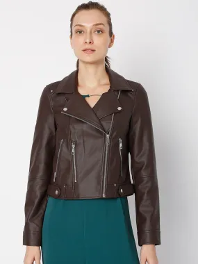 Women Coffee Solid Crop Biker Jacket | QAWACH