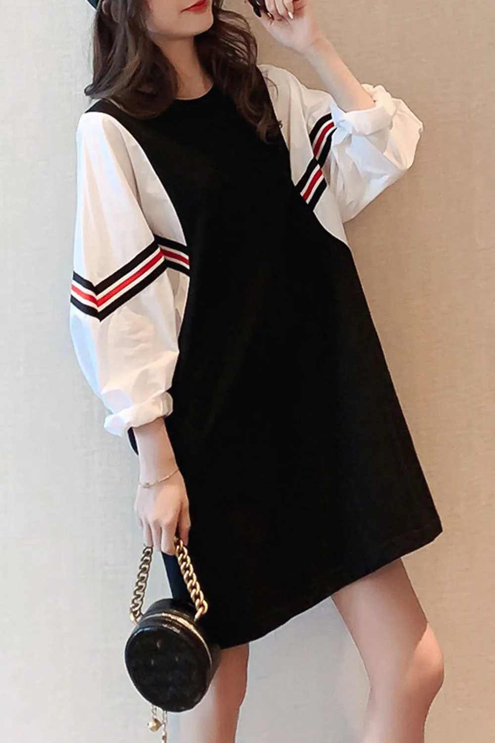 Women Comfy Long Sleeve Round Neck T-Shirt Style Mid-Length Loose Fit Casual Dress - WD117651