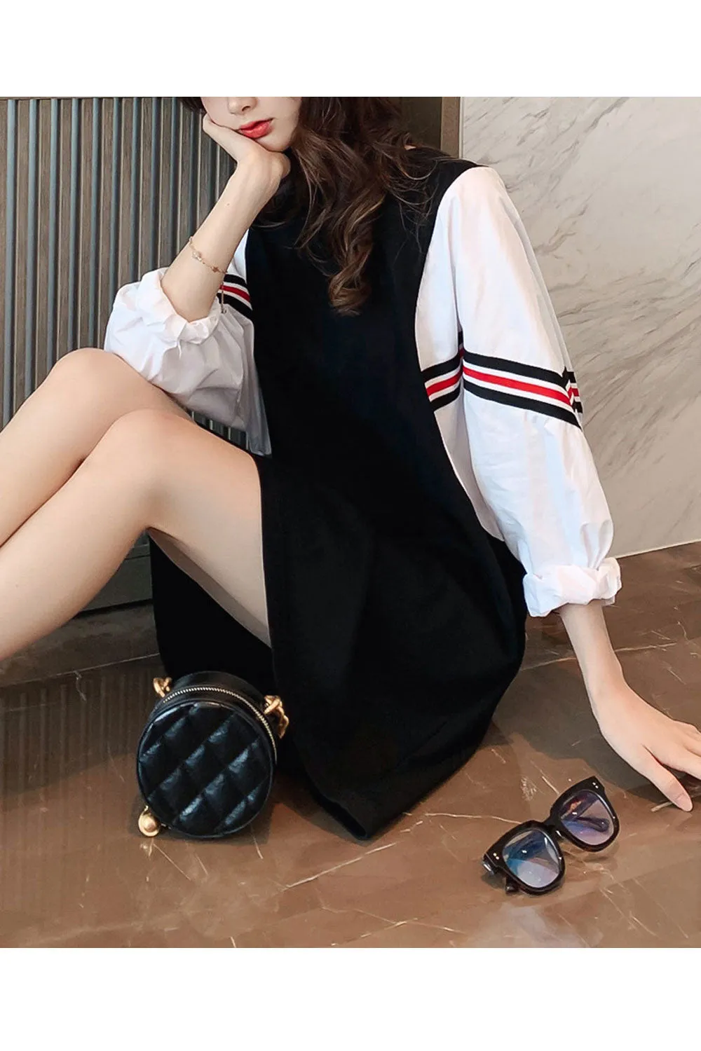 Women Comfy Long Sleeve Round Neck T-Shirt Style Mid-Length Loose Fit Casual Dress - WD117651