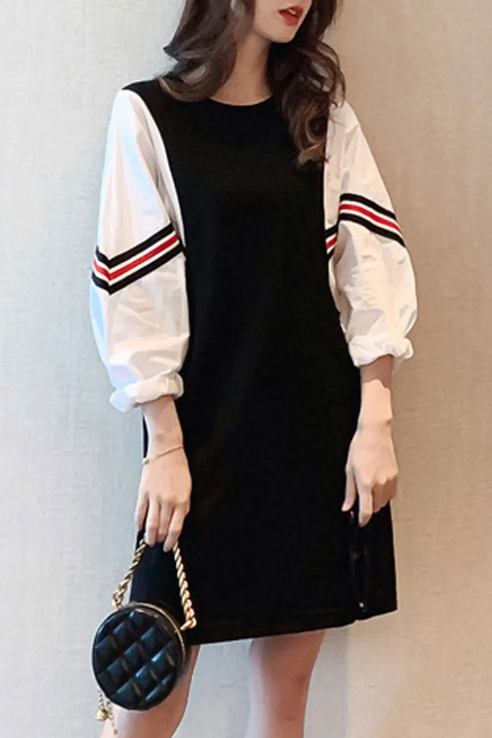 Women Comfy Long Sleeve Round Neck T-Shirt Style Mid-Length Loose Fit Casual Dress - WD117651