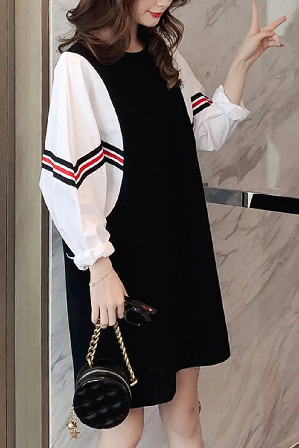 Women Comfy Long Sleeve Round Neck T-Shirt Style Mid-Length Loose Fit Casual Dress - WD117651