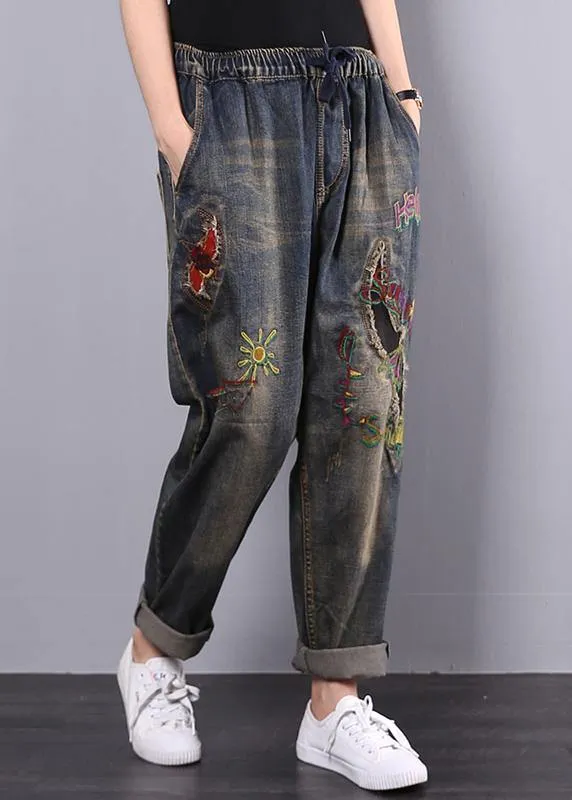 Women Cotton Vintage Embroidered Elastic Waist Casual Jeans