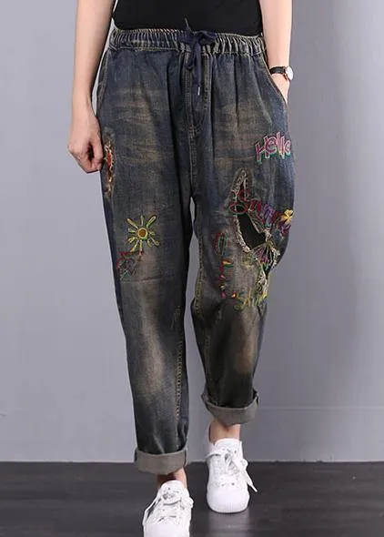 Women Cotton Vintage Embroidered Elastic Waist Casual Jeans