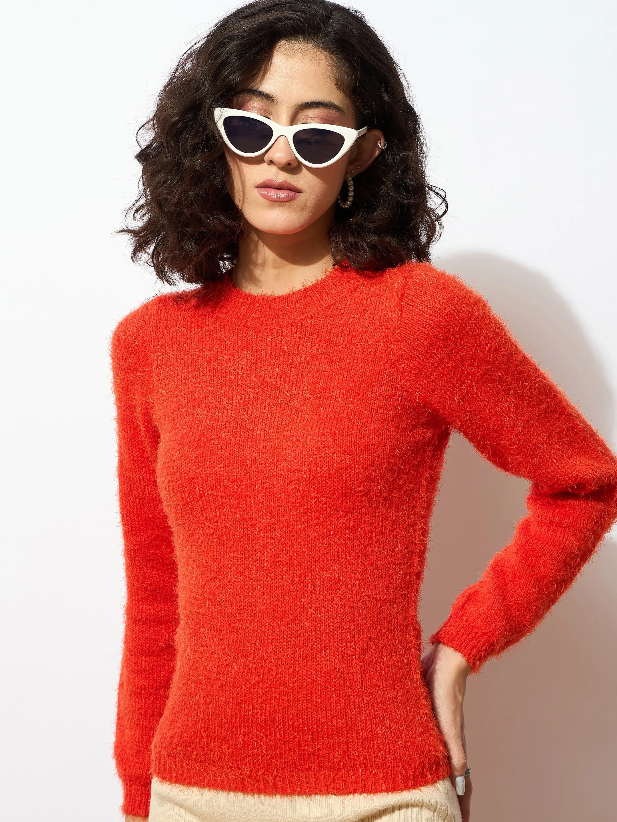 Women Orange Round Neck Hairy Fur Pullover Sweater