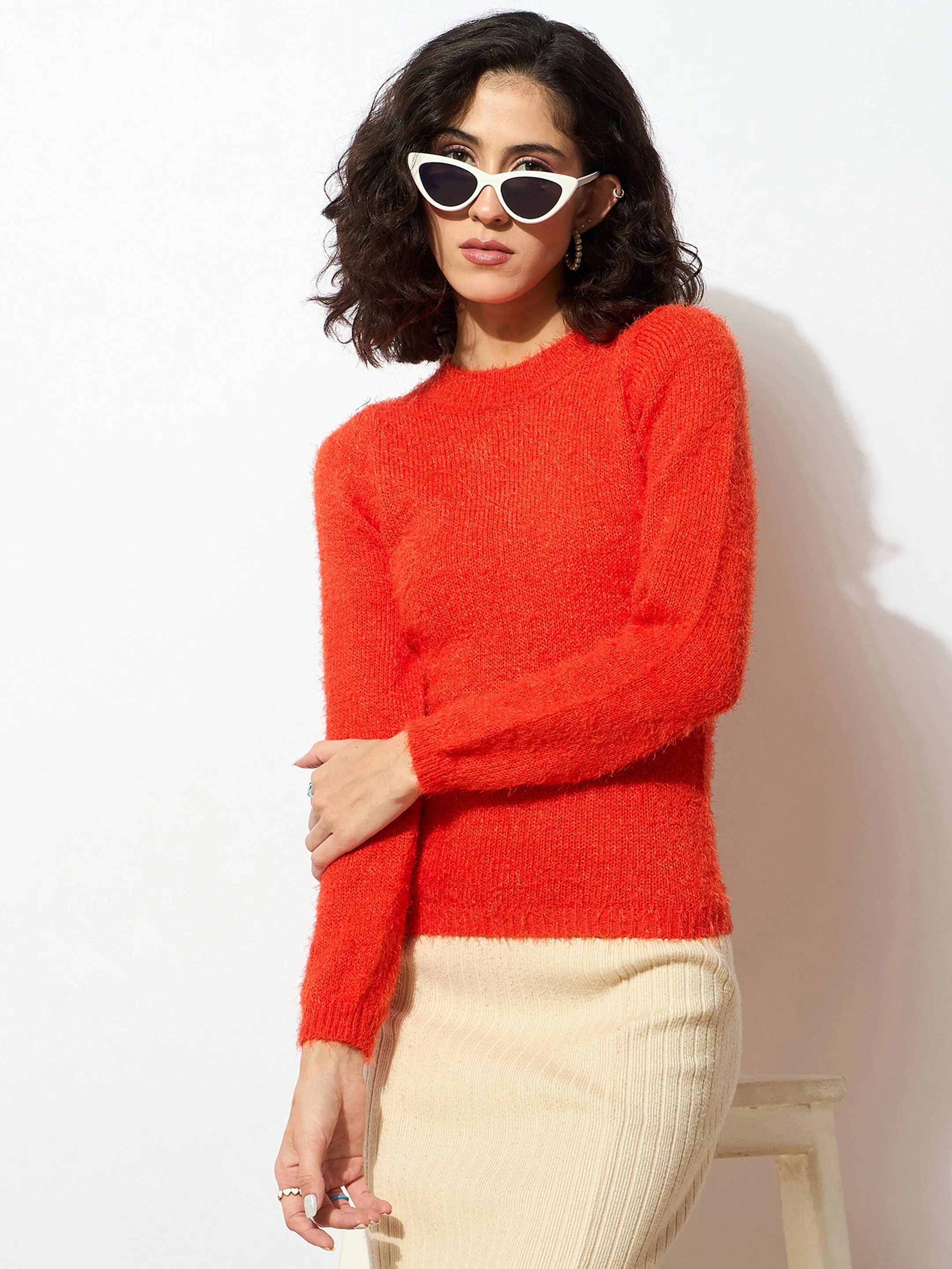 Women Orange Round Neck Hairy Fur Pullover Sweater