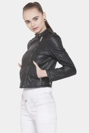 Women’s Black Leather Biker Jacket Slim Fit