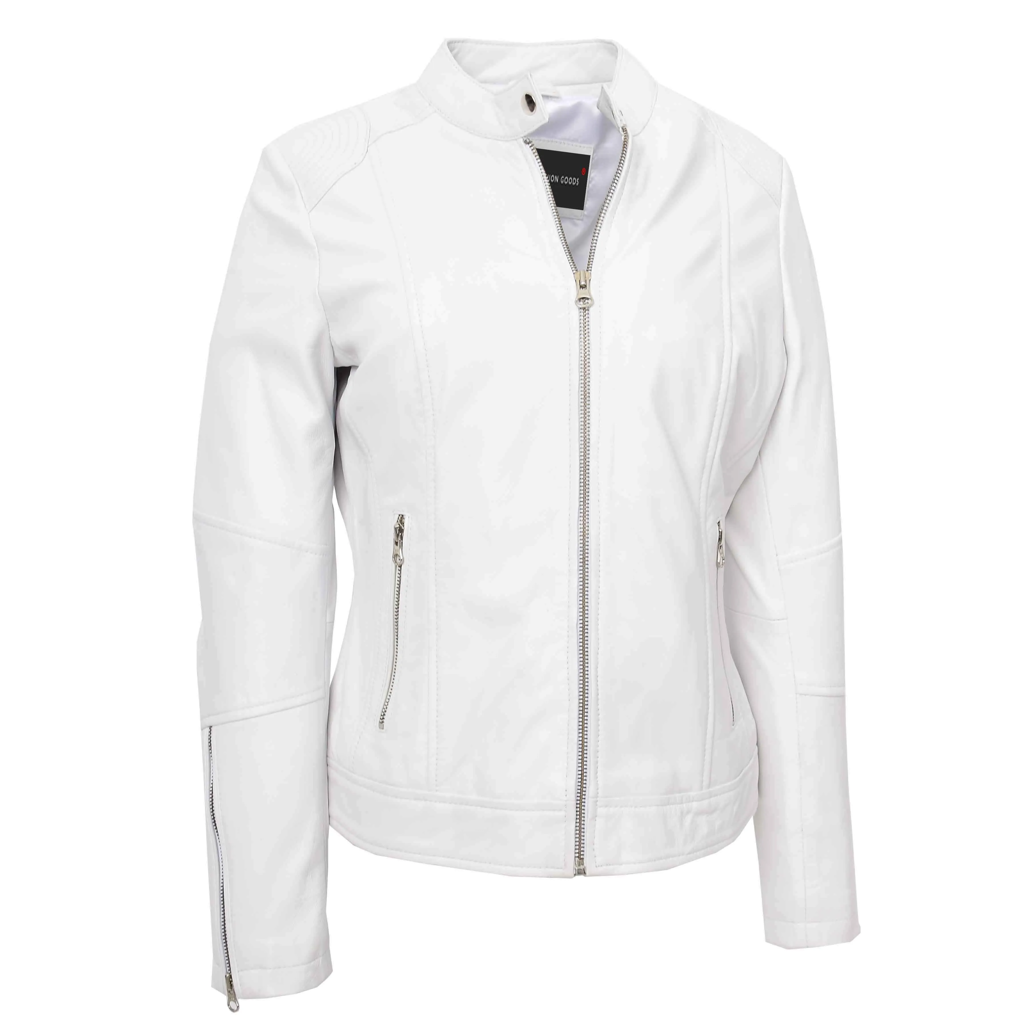 Womens Genuine Leather Biker Jacket Zip Casual Naomi White