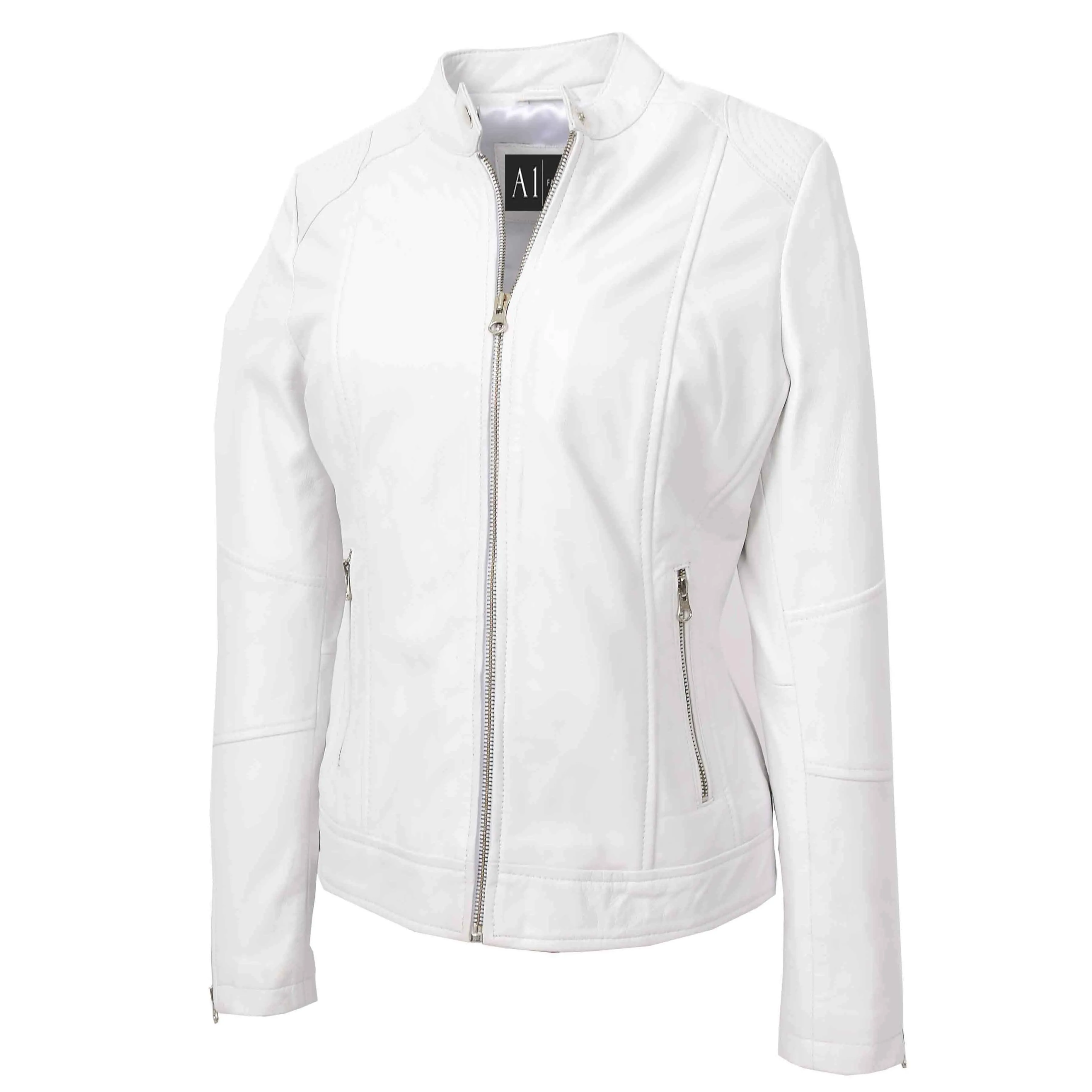 Womens Genuine Leather Biker Jacket Zip Casual Naomi White