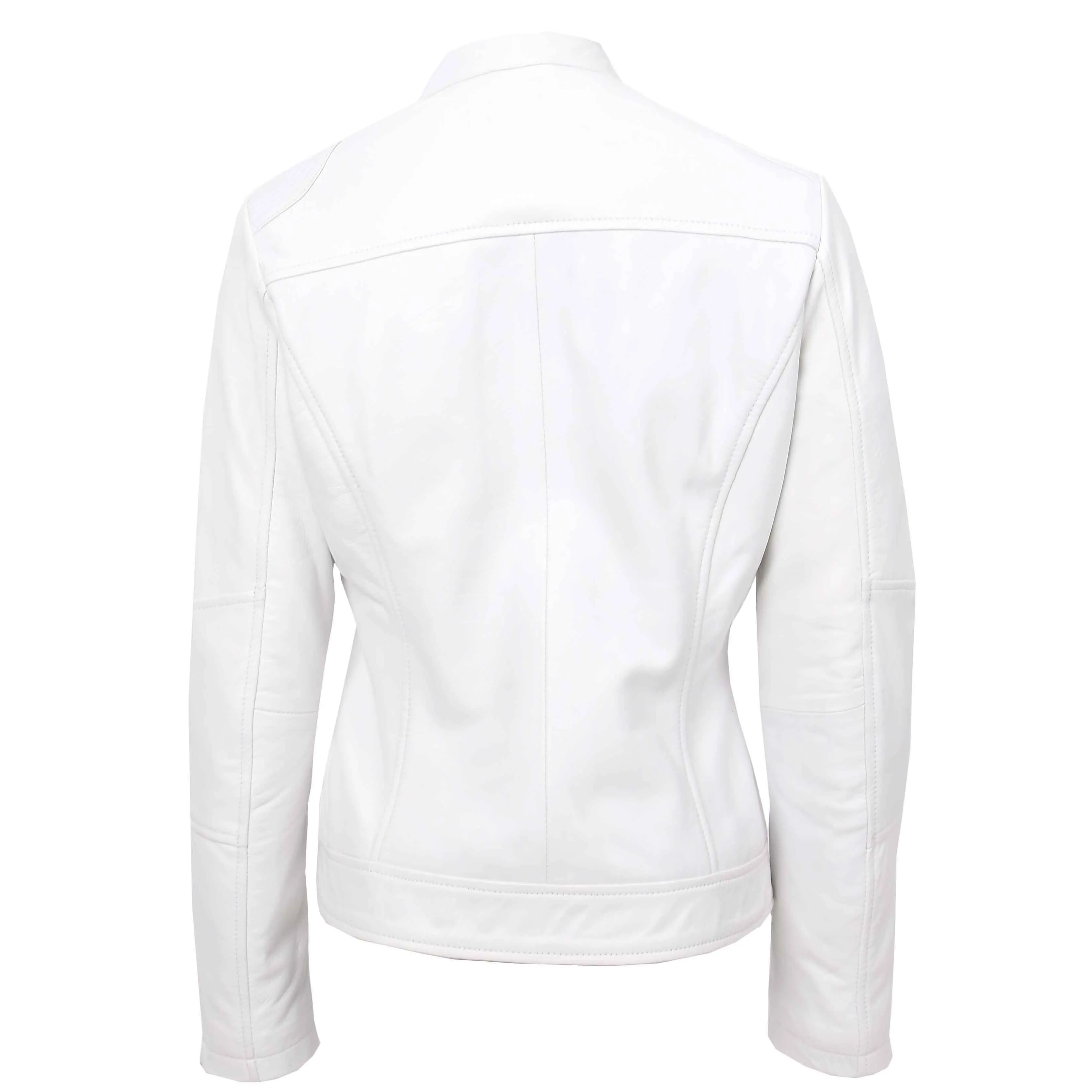 Womens Genuine Leather Biker Jacket Zip Casual Naomi White