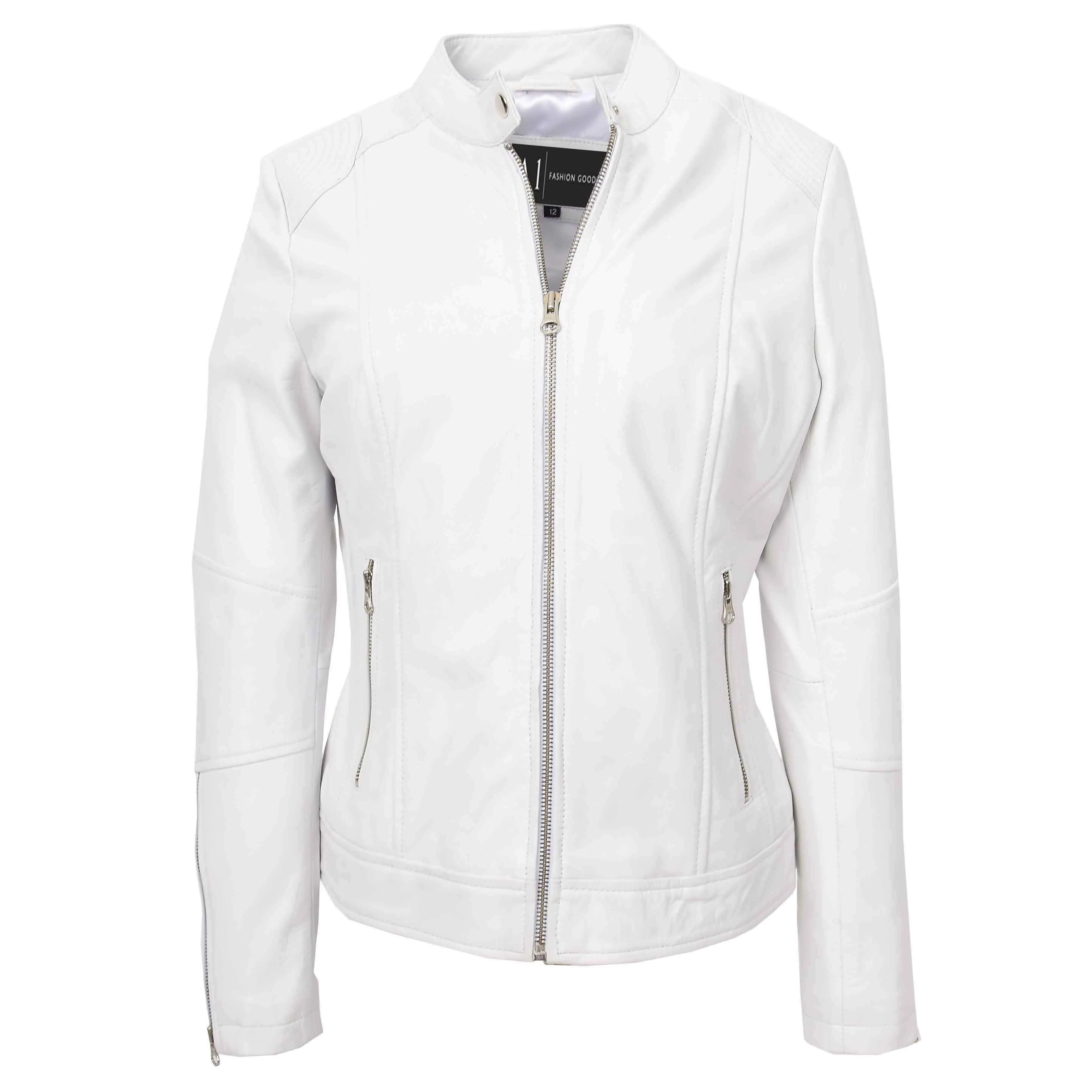 Womens Genuine Leather Biker Jacket Zip Casual Naomi White