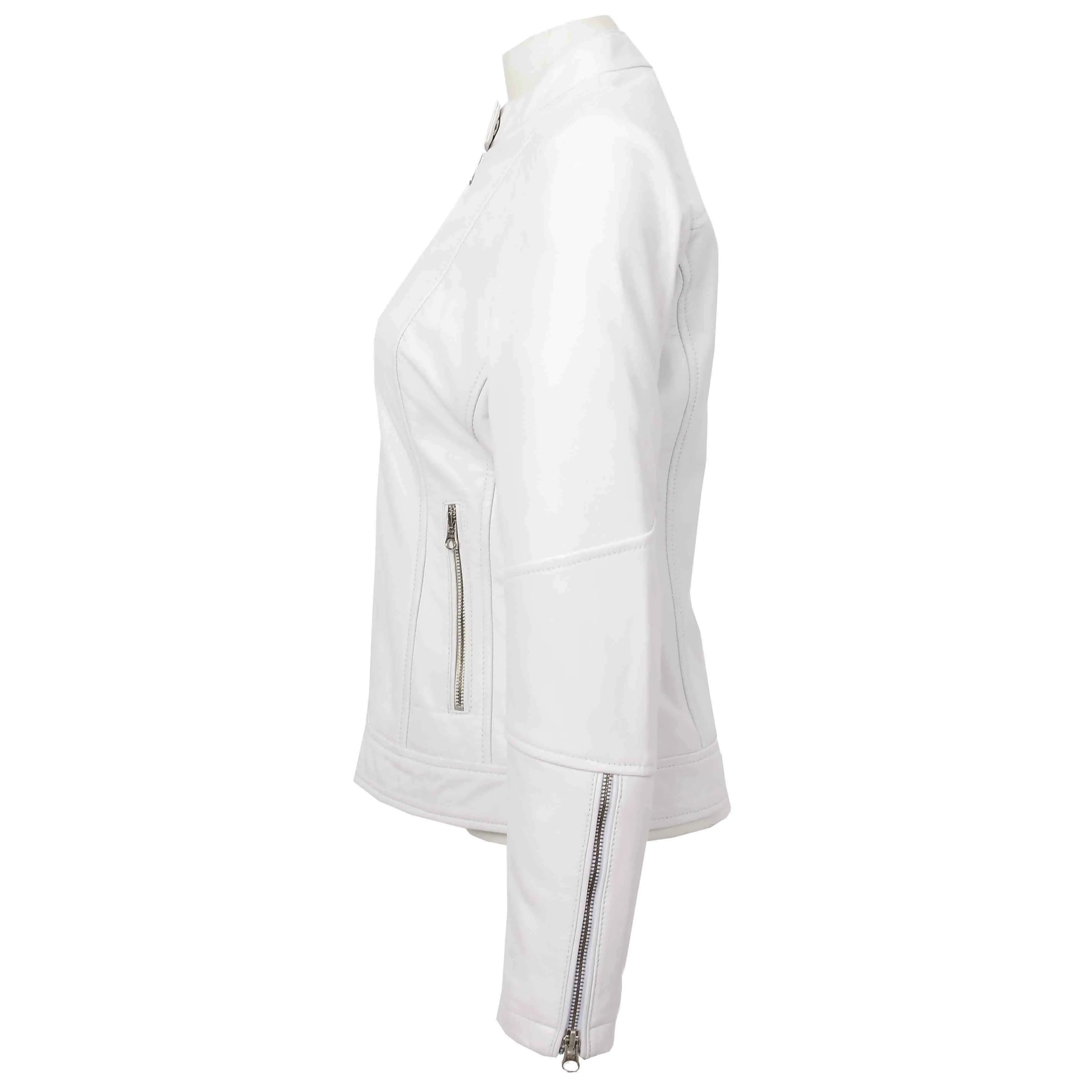 Womens Genuine Leather Biker Jacket Zip Casual Naomi White