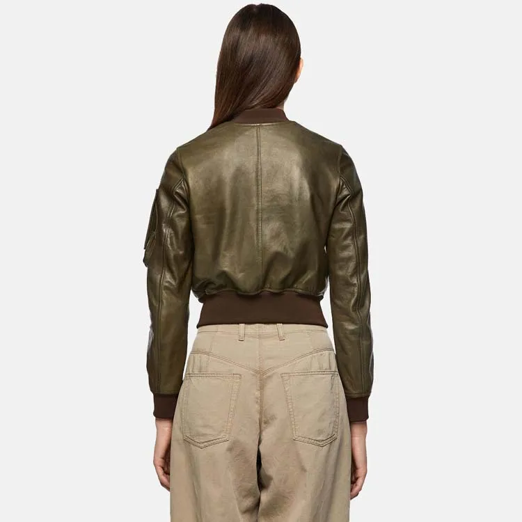 Women’s Green Leather Bomber Jacket With Arm Pocket