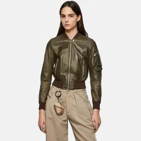 Women’s Green Leather Bomber Jacket With Arm Pocket