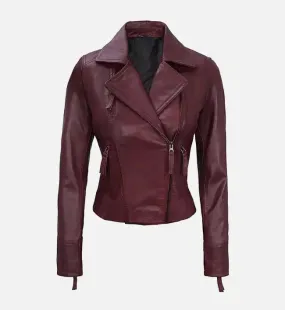 Women's Maroon Asymmetrical Biker Leather Jacket