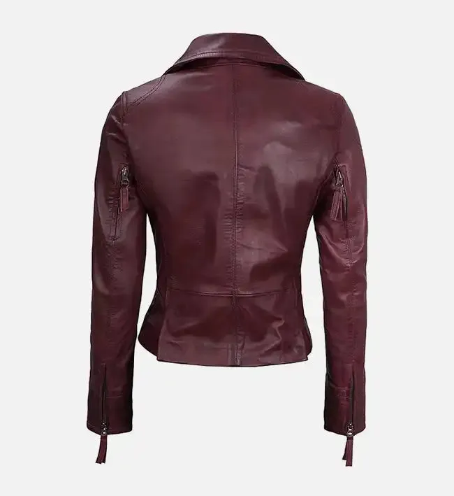 Women's Maroon Asymmetrical Biker Leather Jacket