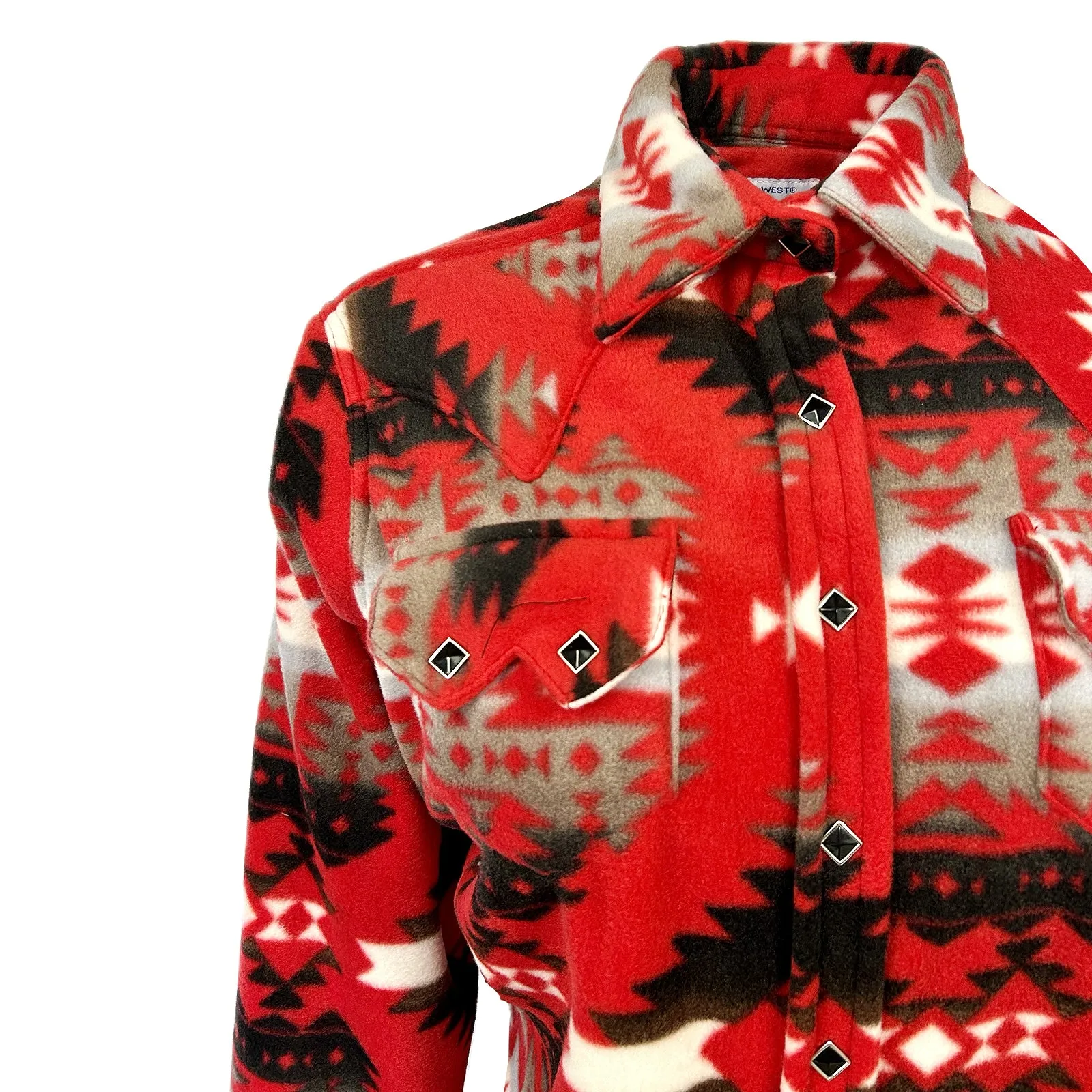 Women's Native Pattern Fleece Western Shirt in Red & Grey