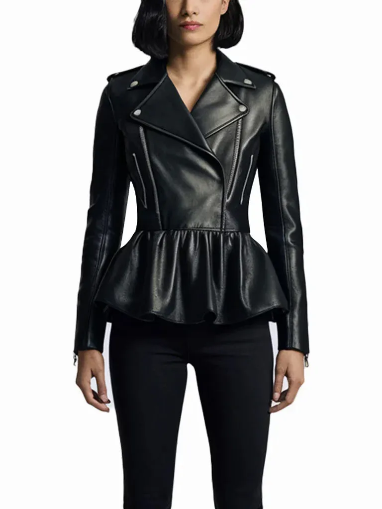 Women's Peplum Hem Motorcycle Leather Jacket