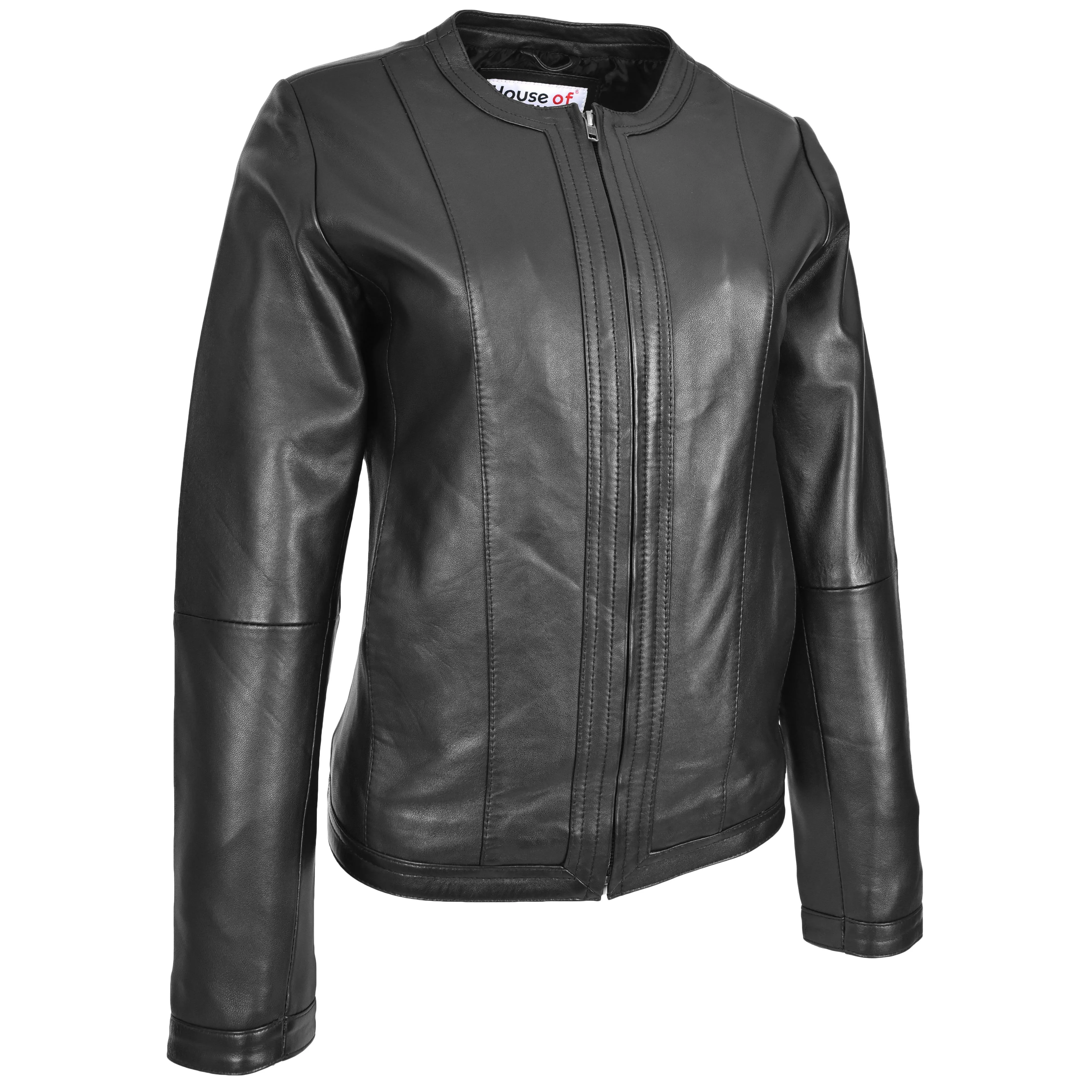 Womens Real Leather Collarless Fashion Jacket Slim Fit Style Clara Black