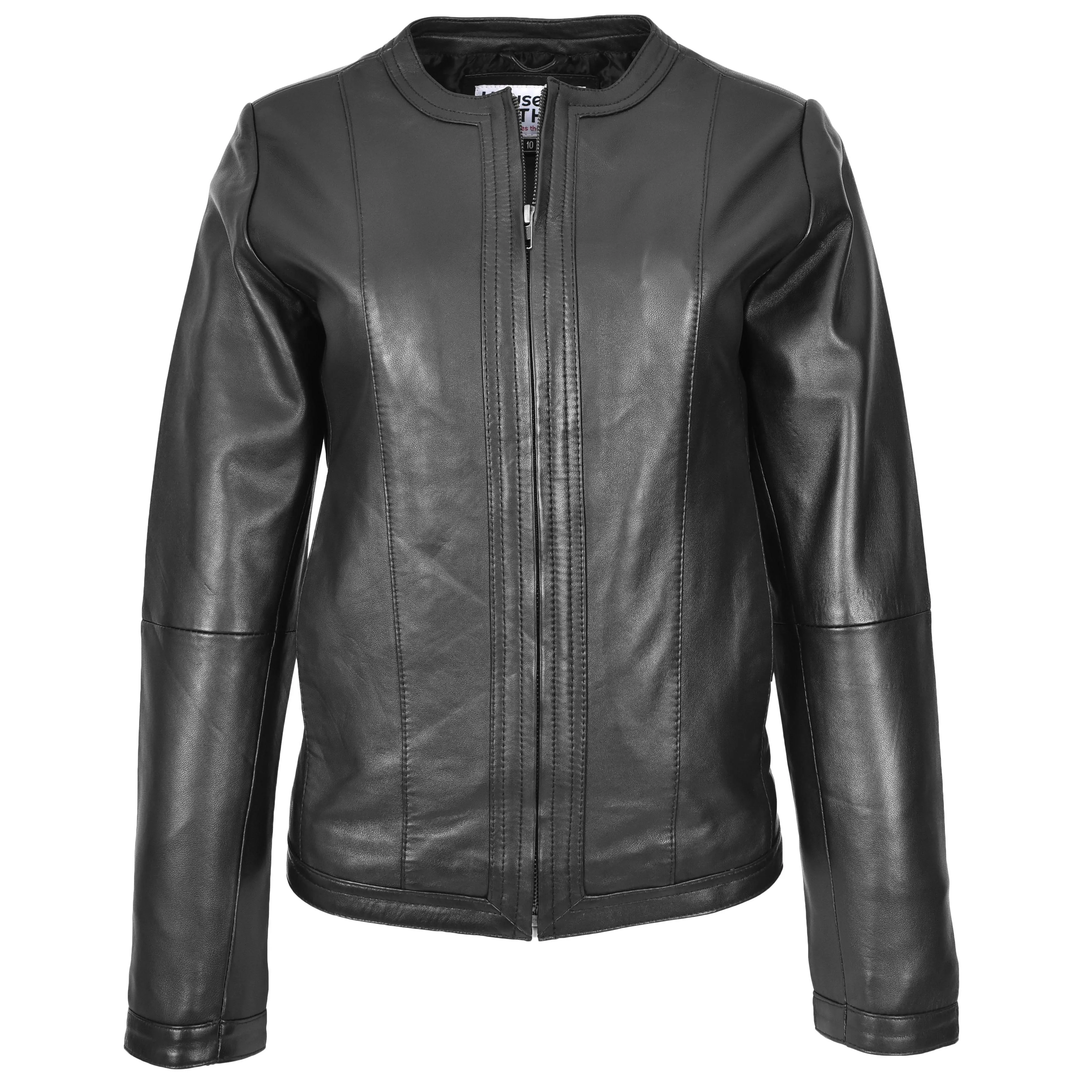 Womens Real Leather Collarless Fashion Jacket Slim Fit Style Clara Black