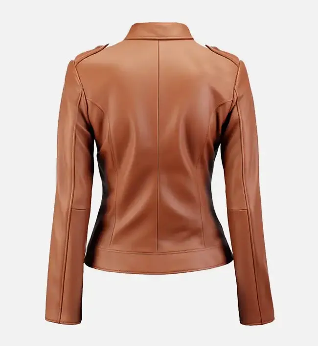 Women's Tan Biker Leather Jacket