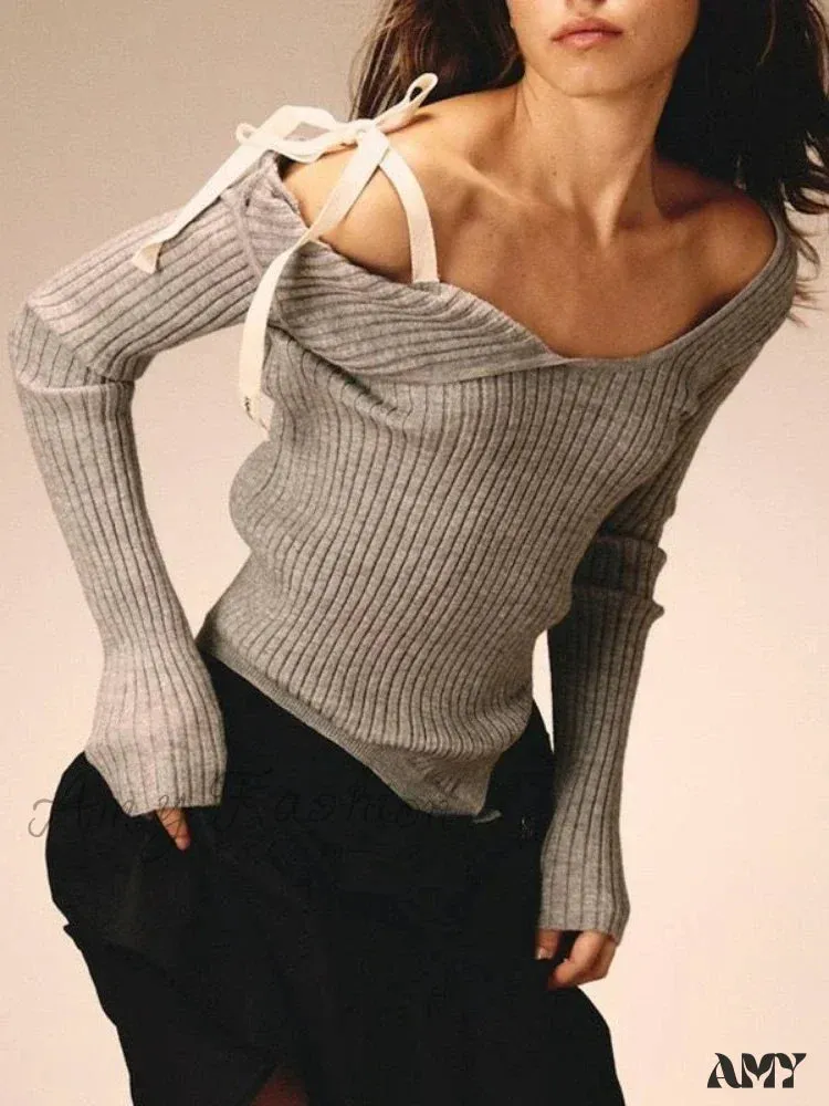 Y2K Coquette Bandage Off Shoulder American Retro Elegant Bow Sweater