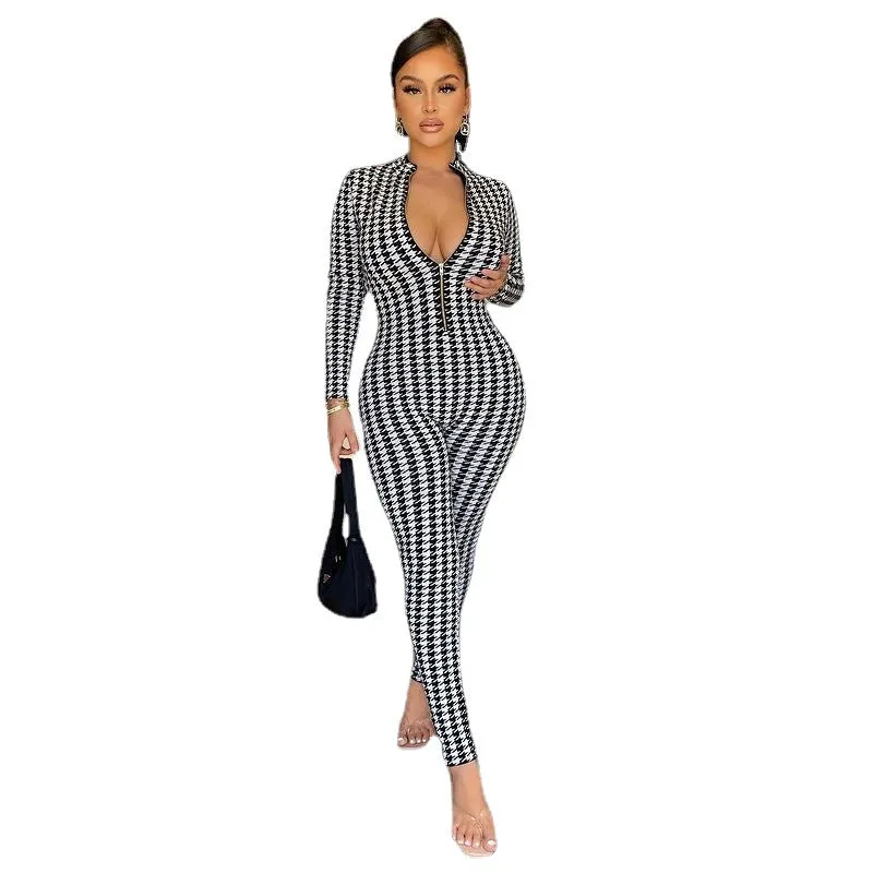 Zipper Houndstooth Wholesale Women Jumpsuit